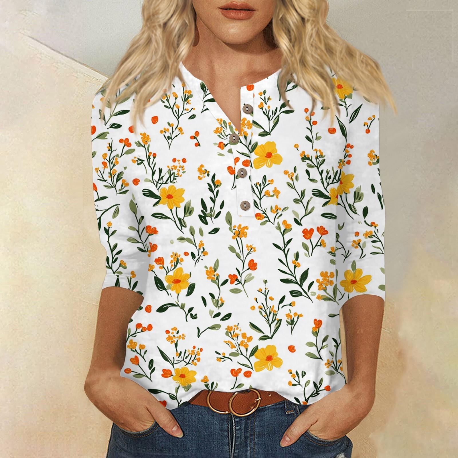 

Женский свободный повседневный топ с рукавом семь четвертей и цветочным принтом с круглым вырезом на пуговицах XL жёлтый