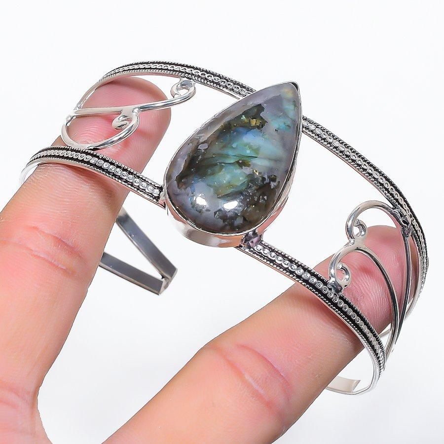 Natural Labradorite Gemstone 925 Sterling Silver Cuff Bangle Adjustable A8E71