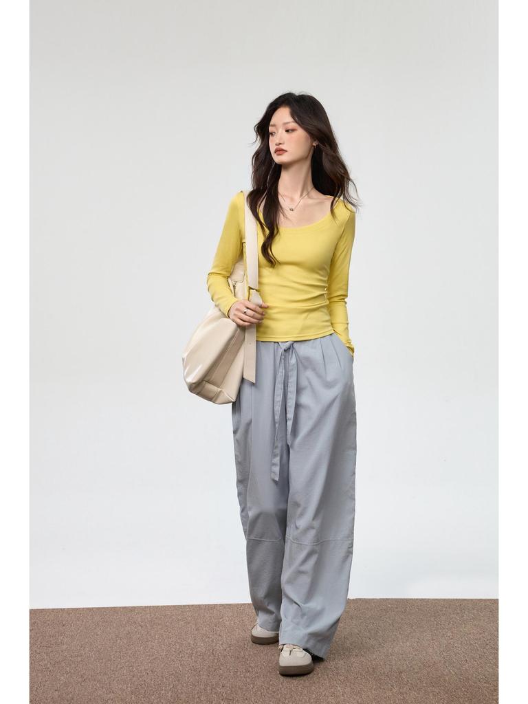 Damen gekämmte Baumwolle U-Ausschnitt Langarm Slim-Fit T-Shirt - Herbstmode, vielseitiges einfarbiges Oberteil