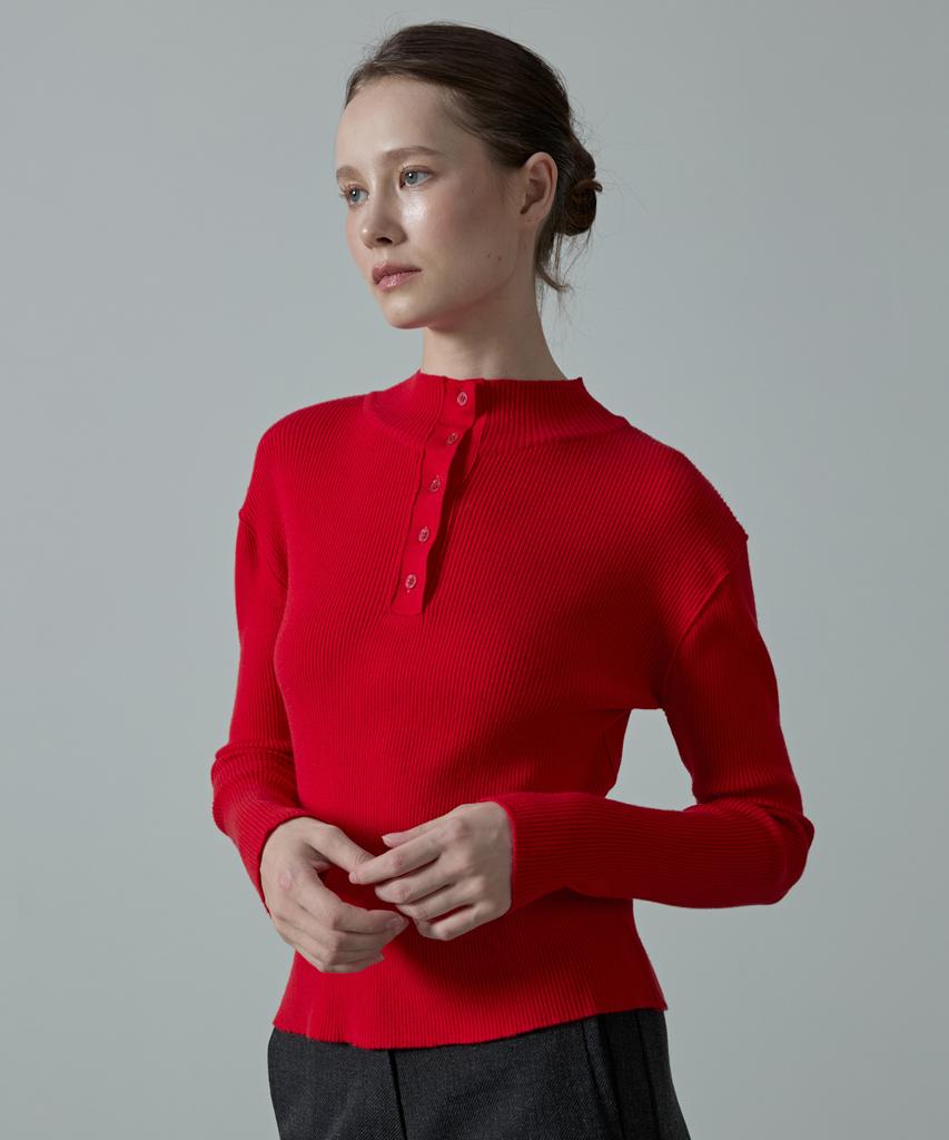Aheule Aera Tension-Fit Henley Rib Half-Neck Knit_Red