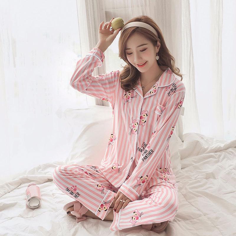 Spring And Autumn Pajamas Women'S Cardigan Long-Sleeved Trousers Korean Girls' Simple Cartoon Loungewear Suit Can Be Worn Outside