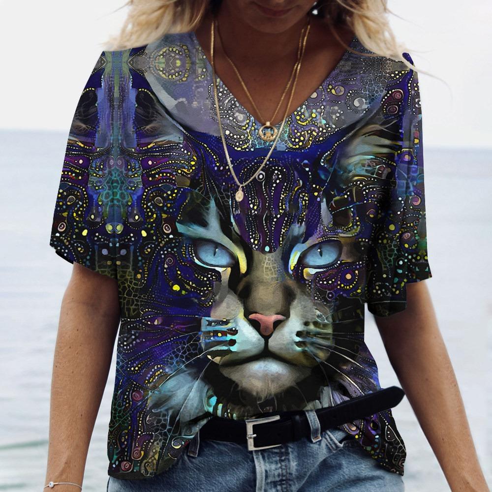 V Neck Tshirt Streetwear Y2k Clothes Women Summer Casual Oversize Dazzle Color Cats Print Shirt Short Sleeve Top Vintage Female