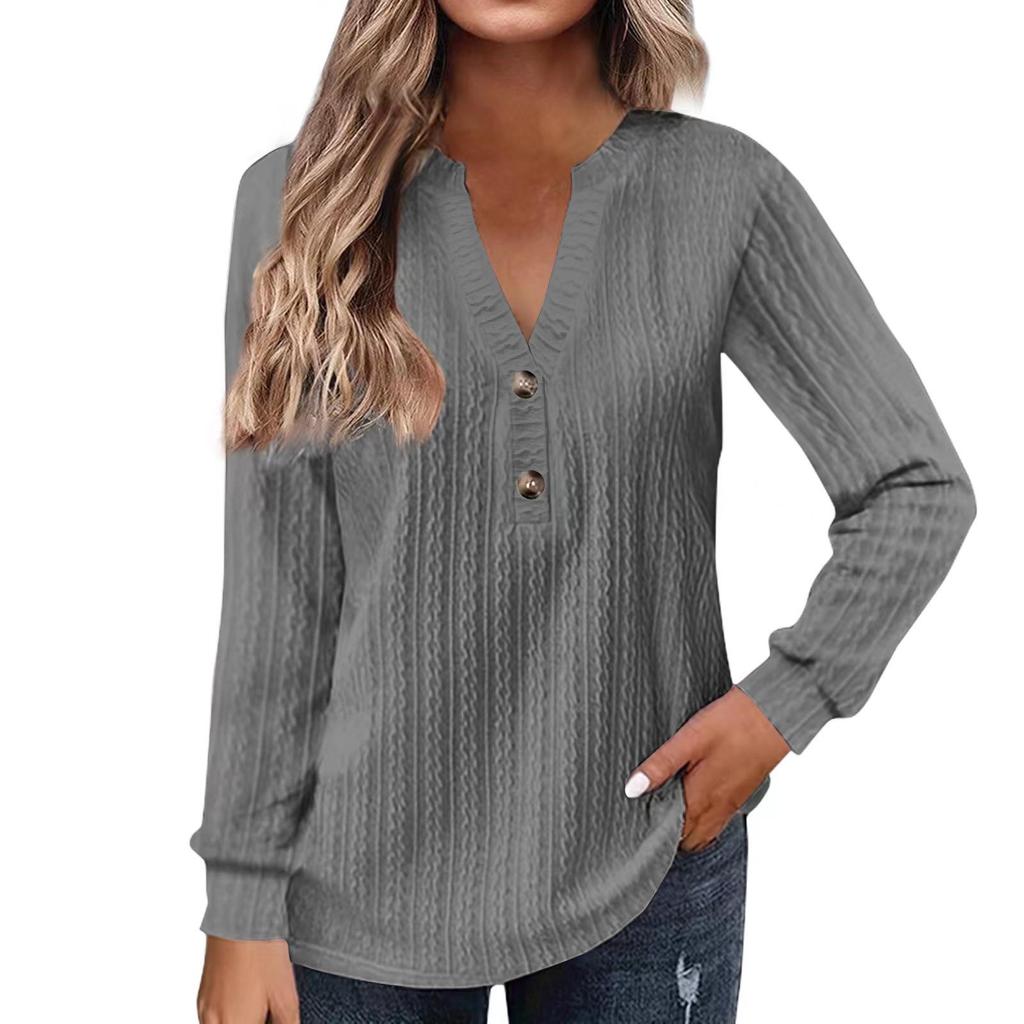 European & American Autumn/Winter Women's Long-Sleeve V-Neck Button T-Shirt 2024