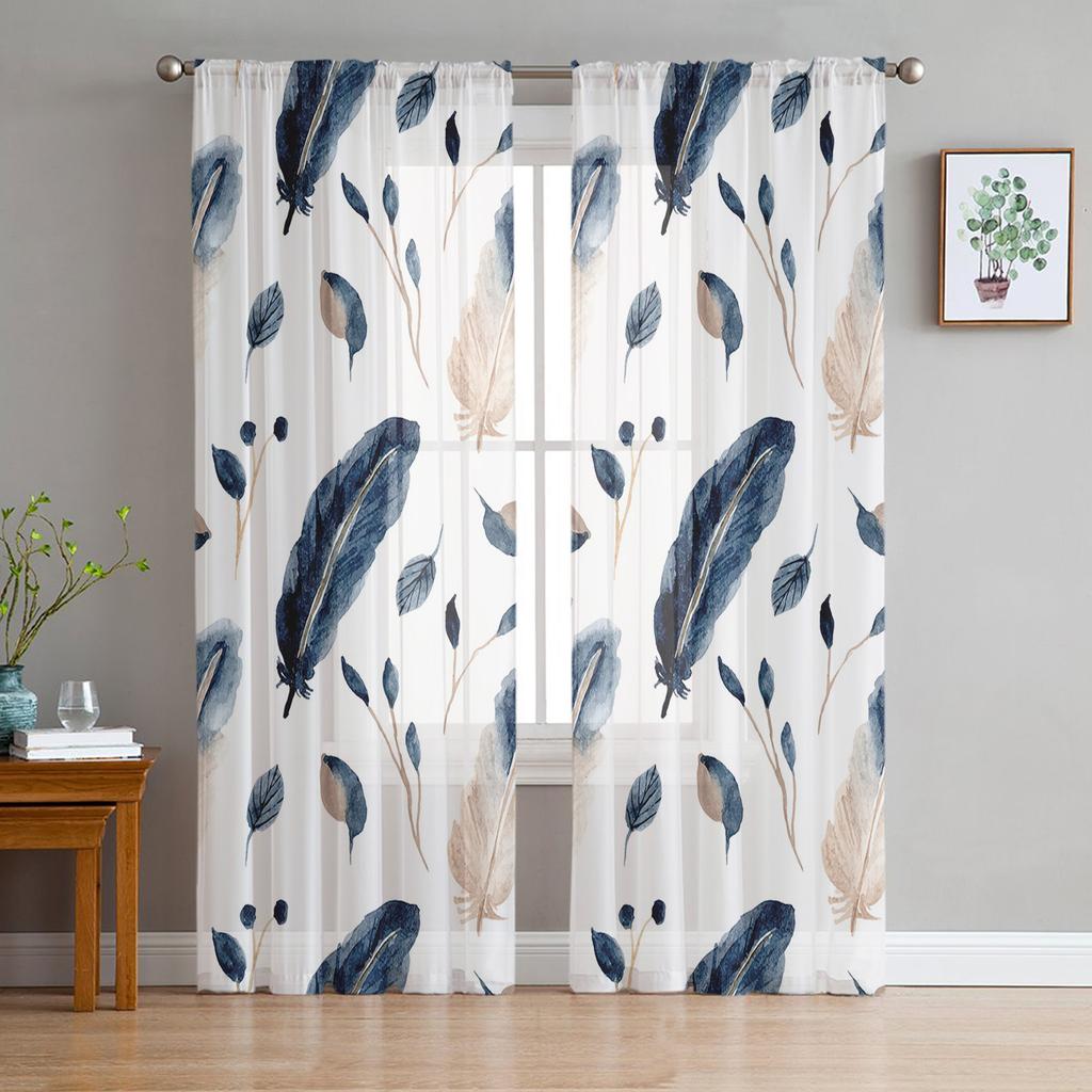 Peacock Feathers Green Tulle Sheer Window Curtains for Living Room Kitchen Children Bedroom Voile Hanging Curtain