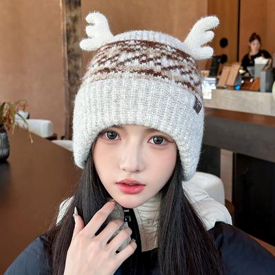 Hat Women's Autumn and Winter Thickened Warm Ear Protection Knitted Hat Showing Face Small Outdoor Cold Proof Deer Antler Pullover Hat