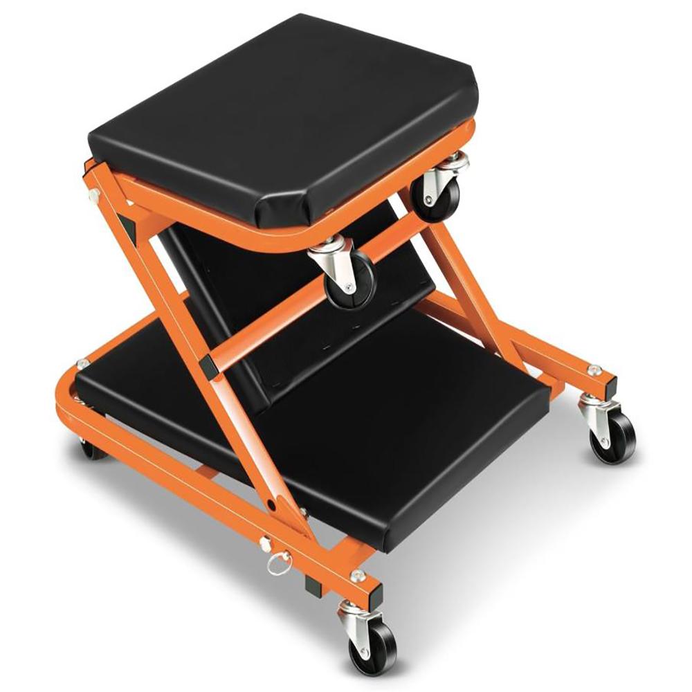 2-in-1 Foldable Garage Creeper Shop Seat, 300LBS Capacity Automotive Mechanic Repair Under Car Rolling Creeper Seat black orange