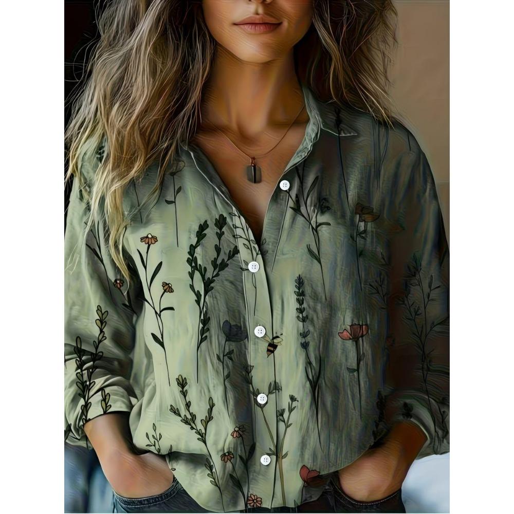 Summer Minimalist Shirt with Floral Digital Print Button Up Shirt Top for Women's Hawaiian Beach Vacation Casual Shirt