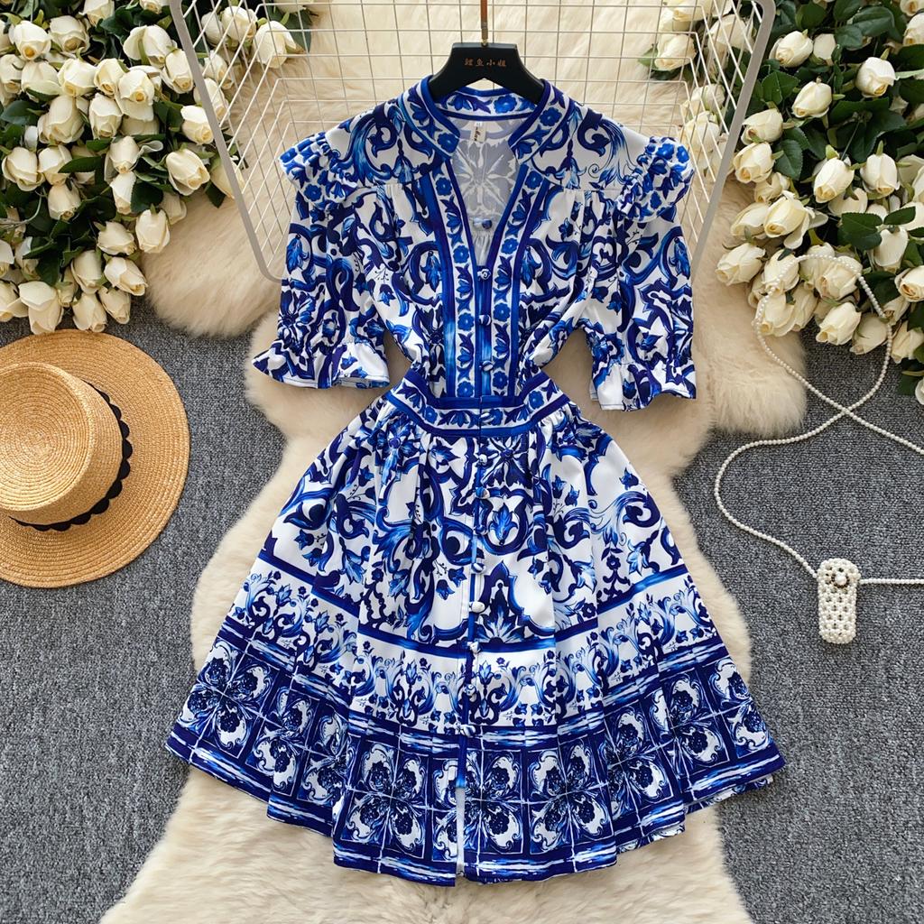 Summer Women Elegant Flare Sleeve Designer Print Runway Dresses V-neck Single Breasted Mini Short Party Dress