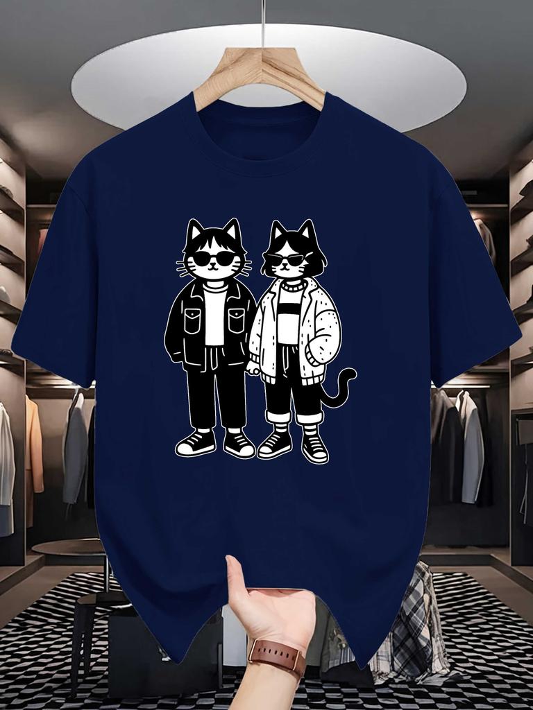 Unisex Crew Neck Tee Cool Couple Cats Streetwear Graphic Print Soft Cotton Loose Breathable Short Sleeve Summer Casual Street Tops