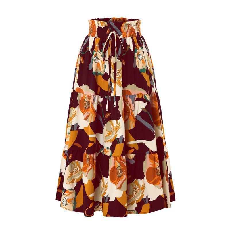 

Floral Printed Long Dress Draped Dress Elastic Waist Women s Skirt Floral Print Long dress Burgundy L
