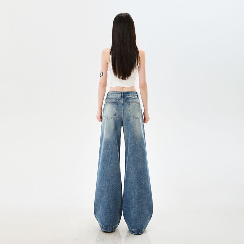 Early Spring Vintage Blue Rhinestone High Waist Relaxed Slim Floor Straight Wide Leg Denim Pants For Ladies Casual Pants Oversize Denim Trousers