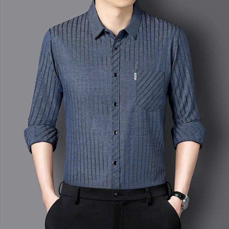 Men Lapel Vertical Striped Long Sleeve Button Down Shirt With Pocket