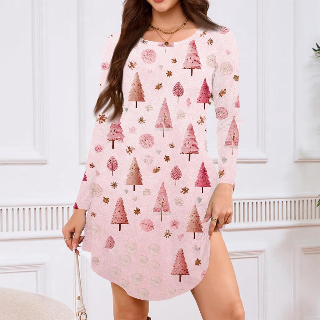 Women's Long-sleeved T-shirt Dress With Round Neck, Knee-length, Loose Fit, Casual And Pockets