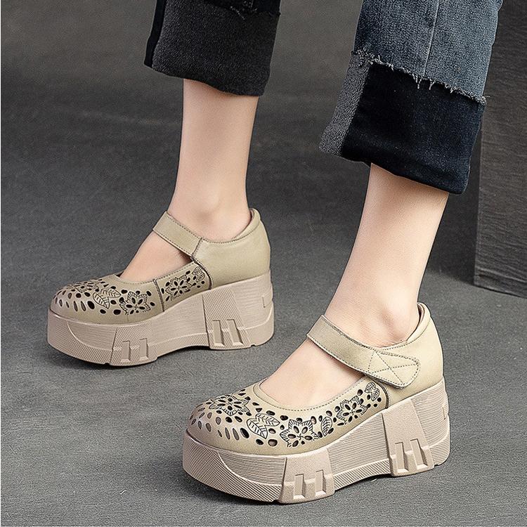 Johnature Zapatos de plataforma con punta redonda y suela gruesa para mujer, sandalias de cuña caladas cómodas Vintage de cuero genuino
