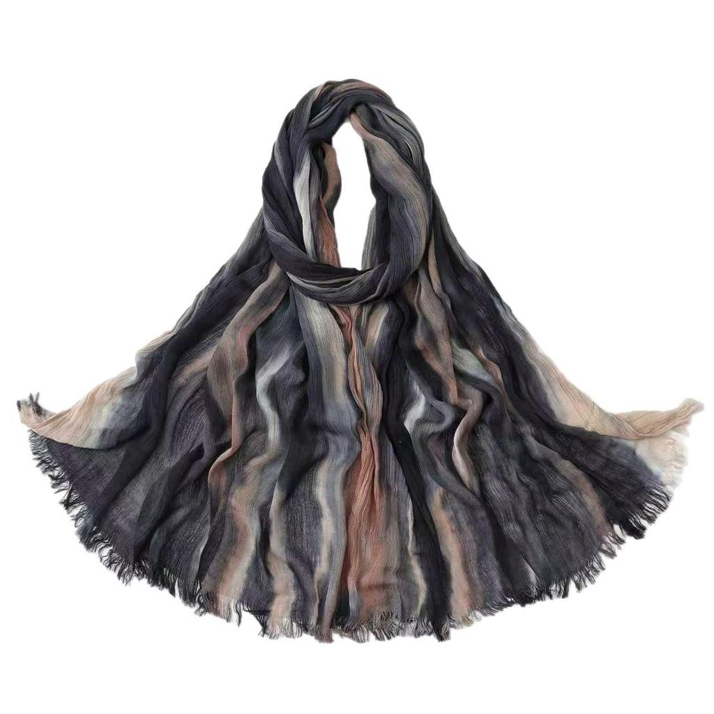 Retro Gradient Pleated Stripe Cotton Headscarf - Women's Large Ethnic Wrap