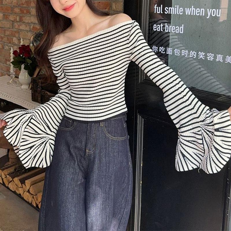 Slash Neck Striped Knitted T-shirt Spring Autumn Elegant Slim Female Clothing Fashion Flare Sleeve Korean Long Sleeve Pullovers