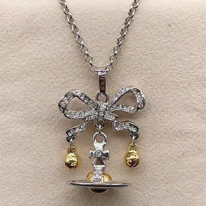 Empress Cixi Planet Pendant & Christmas Bell Bow Brooch Necklace: Luxury Women's Fashion Clavicle Chain