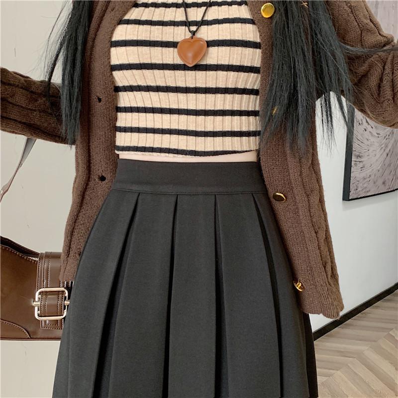 Chic Winter Wool Pleated A-Line Midi Skirt - Plus Size, Age-Reducing, Solid Color