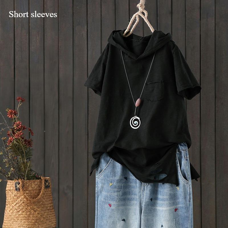 Cotton Hooded T-shirt Women's Spring and Autumn New Loose Long-sleeved Artistic Hole Casual Top To Show Thin Slit Bottom Shirt