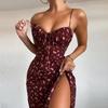 European & American Summer Floral Print Ruched Tie-Up Slit Camisole Dress
