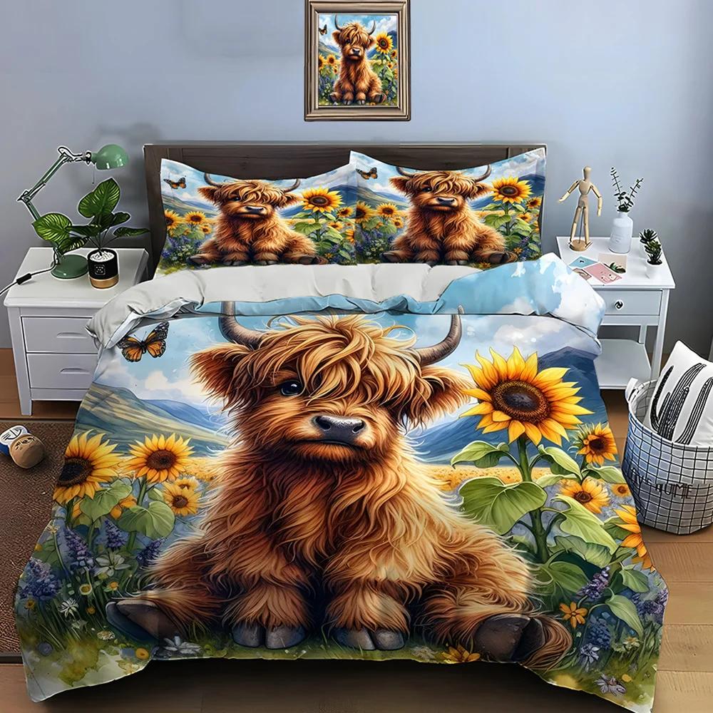 Highland Cattle Print Bedding Set Cute North American Duvet Cover 1 Duvet Cover 2 Pillowcases Adult and Kids Bedding Set Luxury