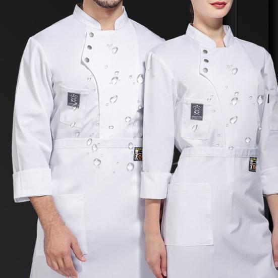 Men Women Solid Color Chef Uniform Stand Collar Single Breasted Pocket Restaurant Uniform Waterproof Anti Dirty Bakery Food Chef Tops