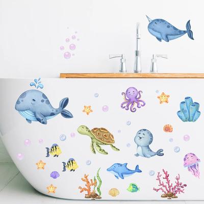 Mavi Deniz Balığı Baloncuk Sualtı dünyası Sualtı hayvanı Çocuk Odaları Banyo Ev Dekorasyonu duvar resimleri için Duvar Çıkartması