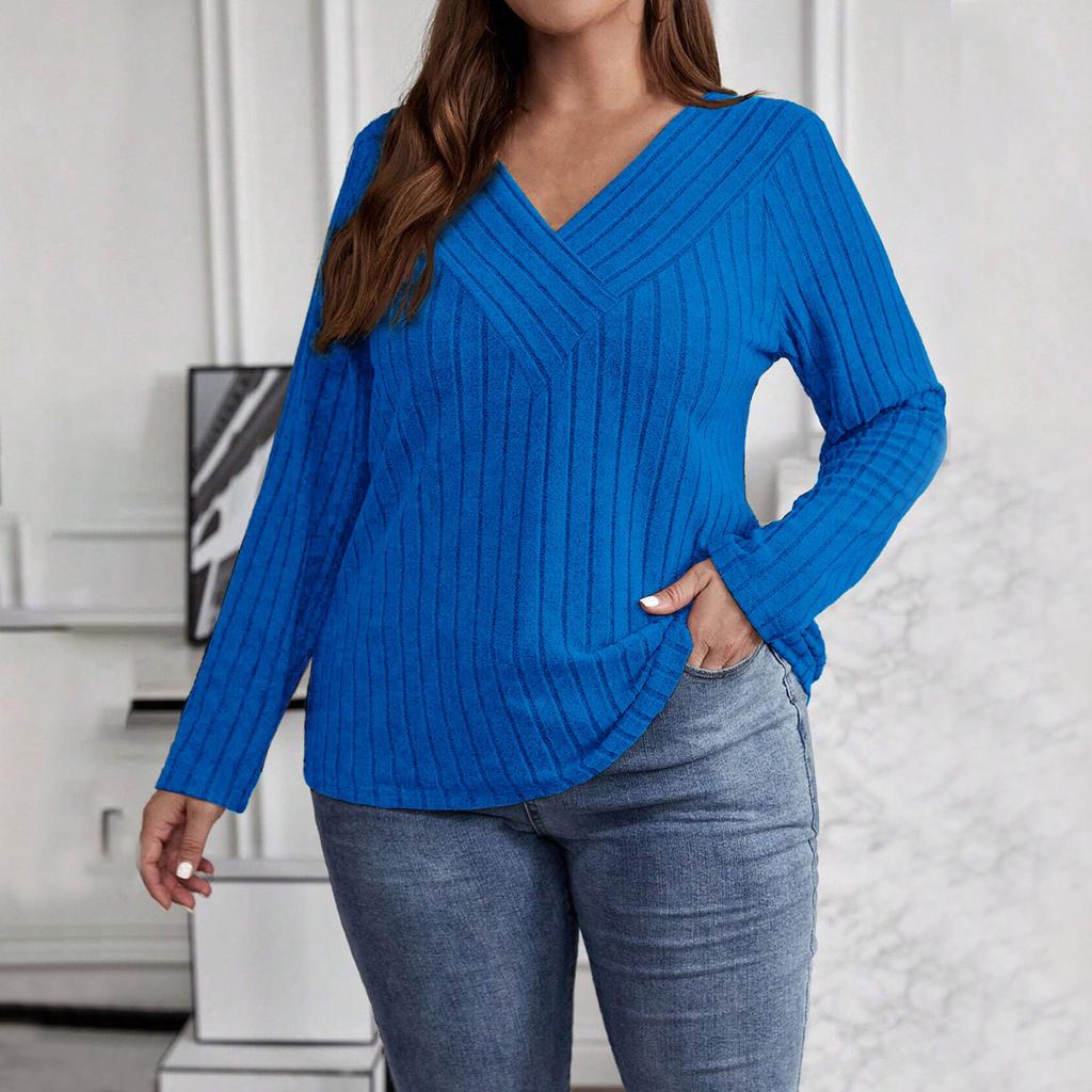 Women's Solid Color Plus Size Cross V-Neck Long Sleeved Pullover T-shirt Top