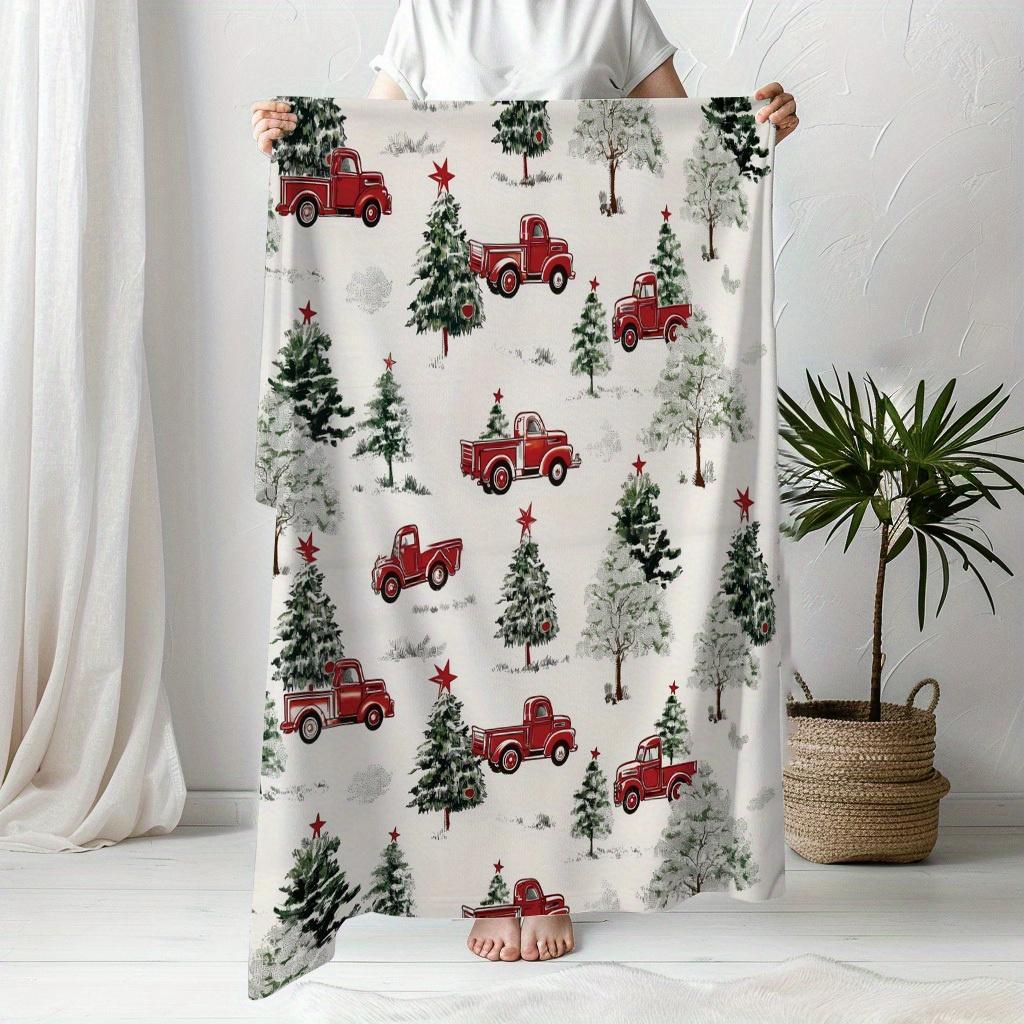 1Pcs Christmas Red Cars And Trees Printed Flannel Blanket Lightweight Soft Throw Soft All-Season Bedspread for Couch Camping Travel