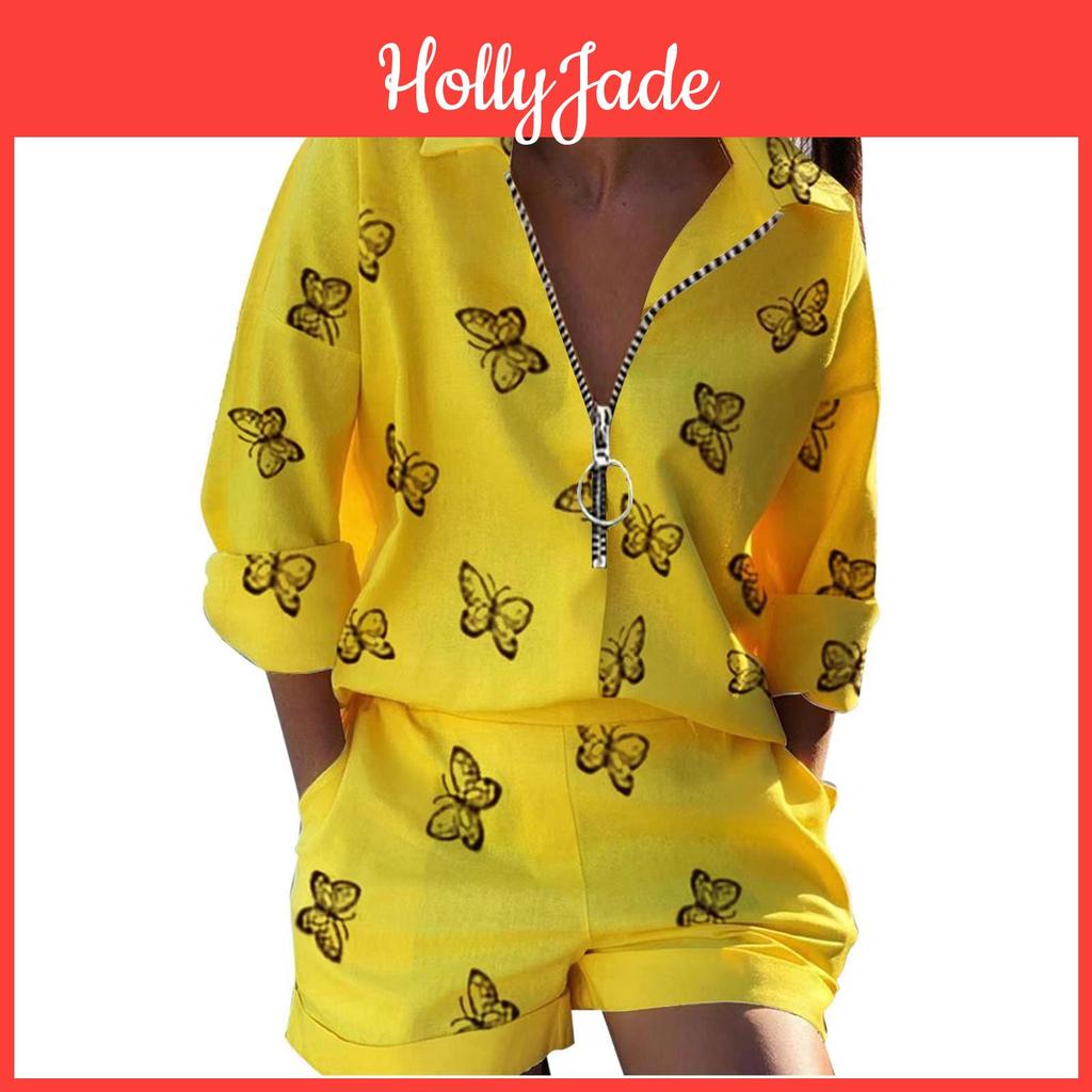 Summer Lapel Set Longsleeved Womens Printed Zipper Shirt Shorts Twopiece Set Clothes Sale
