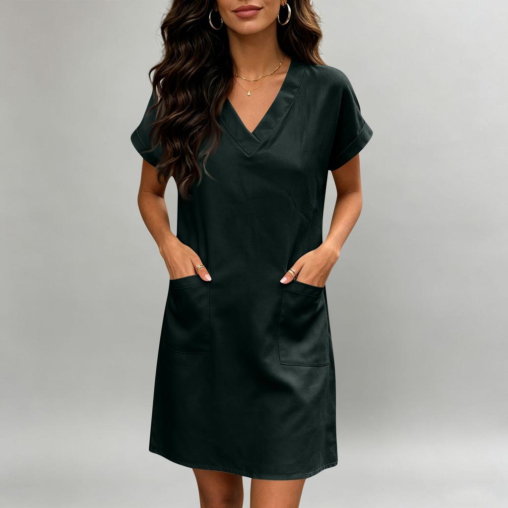 Abito casual da donna alla moda, tinta unita, scollo a V, manica corta, con tasche, vestibilità ampia