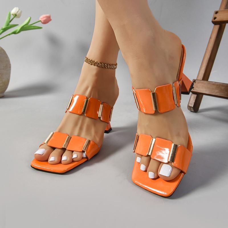 Fashion Stiletto Flip-Flops Women Summer New Square Toe Open Toe Metal Decoration Non-Slip Wear-Resistant Outer Wear High Heel Sandals