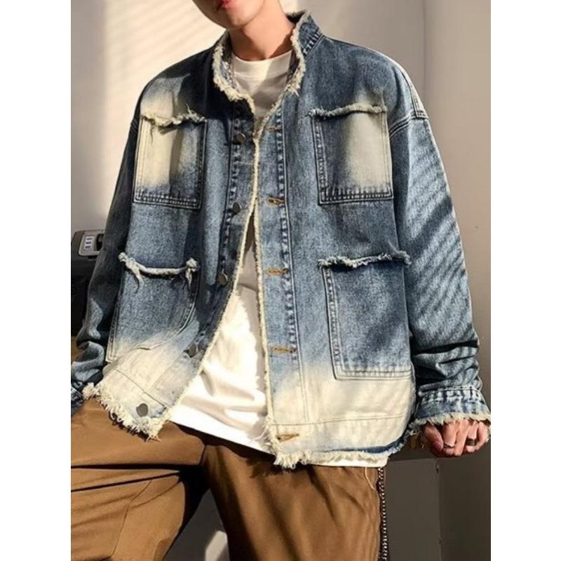 

Мужская джинсовая куртка American High Street Gradient Denim на весну и осень. Новый стиль. Свободная и универсальная мужская куртка с необработанным краем и воротником-стойкой. Модная. 3XL