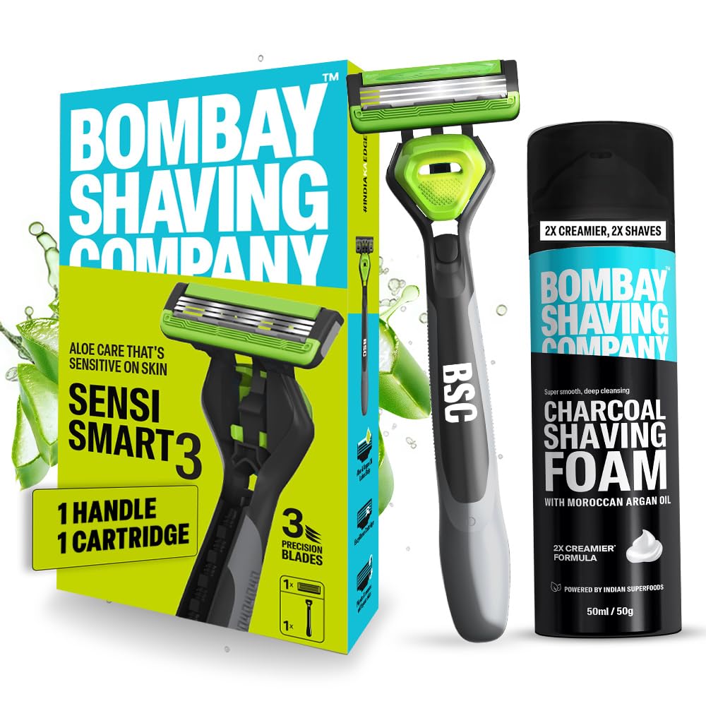 Bombay Shaving Company Sensi Smart 3 Бритва и Угольная Пена для Бритья Комбо | Бритва с 3 Лезвиями для Мужчин | Угольная Пена для Бритья, 50 г