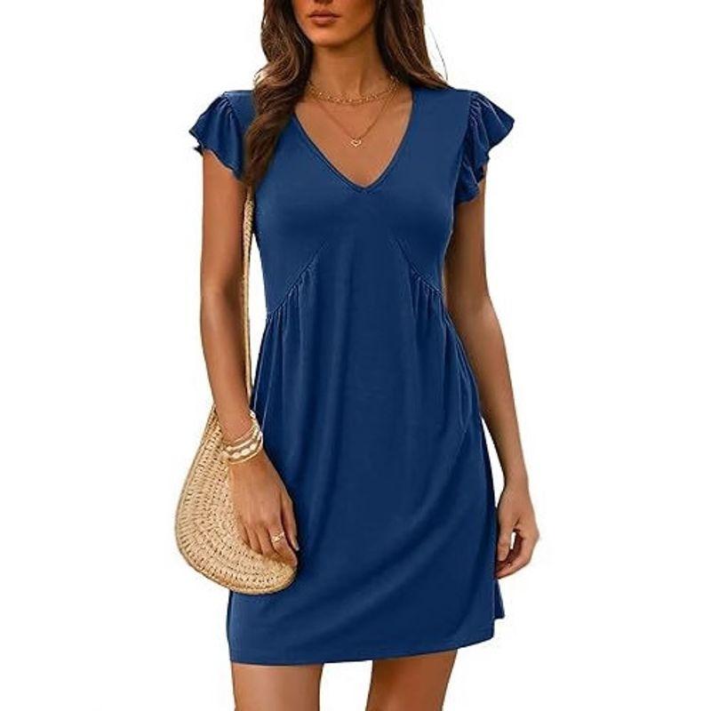 V-neck Flying Sleeve Solid Color Dress V-neck Ruffled Sleeve Pure Color Dress