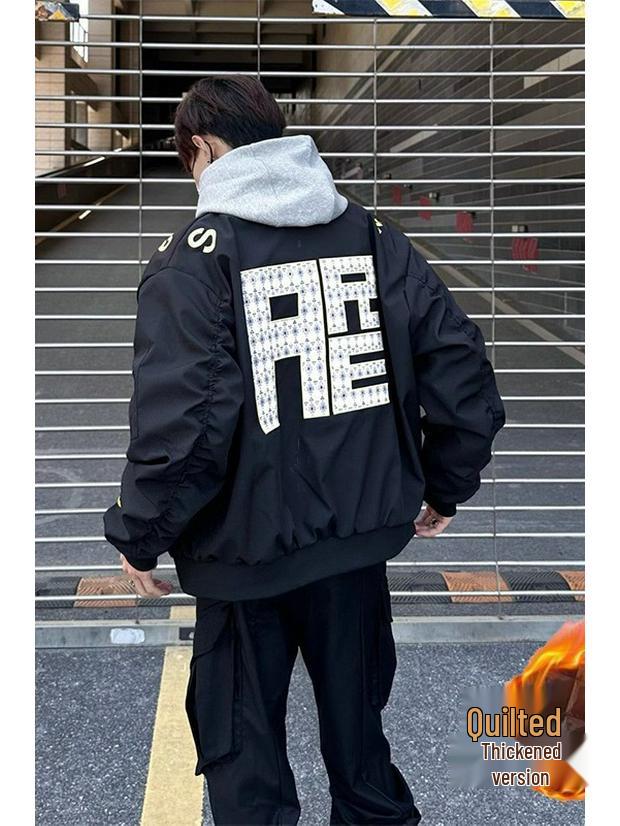Unisex Winter Street Style Embroidered Bomber Jacket with Stand Collar