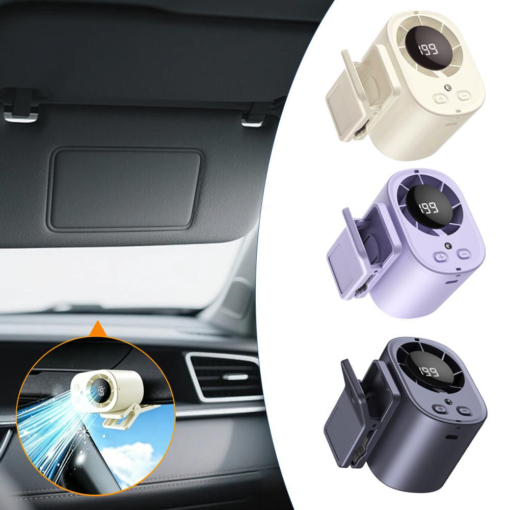 Clip-On Car Cooling Fan with Temperature Display, USB Rechargeable Portable Fan for Sun Visor, 3-Speed Adjustable, Low Noise