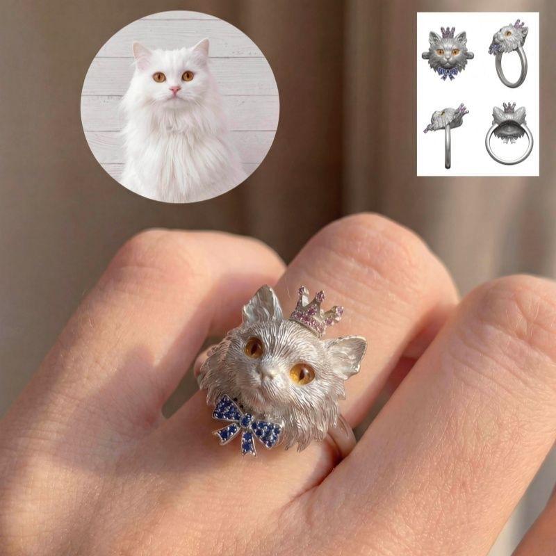 Cute Cat Ring with Personalized Design, Diamond-Embedded Crown and Bow, Open-Back Finger Ring, High-End Style Accessory
