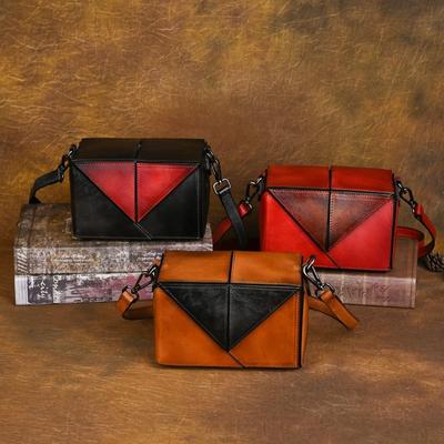 Retro Umhängetasche Handarbeit aus echtem Leder Geometrisch Farbige Damen Schultertasche