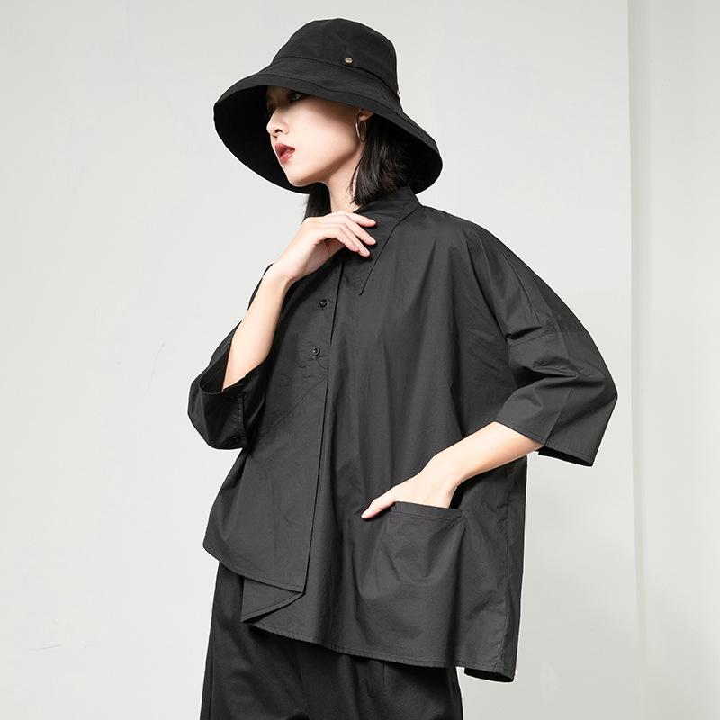 Hong Kong Style Trendy Irregular Three-Quarter Sleeve Women's Blouse - Loose Casual Spring/Summer Shirt