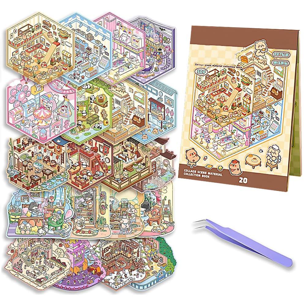 MINGTIANGH 3D Sticker Scene Sticker 20 Types of Landscape Cute Stress House Paper Miniature Model 3D Paper Planner Tweezers Included Book, Design,