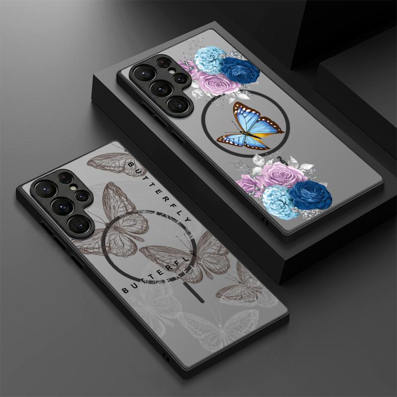 Thin Ring Magnetic Phone Case For Samsung Galaxy S26 Ultra S25 FE S24 S23 S22 Plus S21 FE Pink Butterfly Print Hybrid TPU+PC Matte Cover