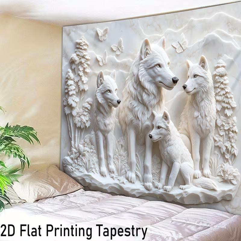 2D Marble Carved Wolf Family Background Cloth for Nature & Animal Lovers Room Decor