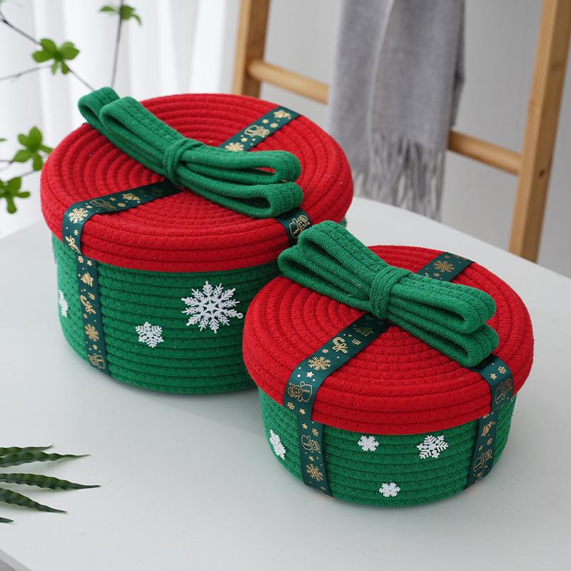 Christmas Decoration Storage Basket With Dust Cover Holiday Gift Box Cotton Rope Woven Snacks Small Gift Storage Basket