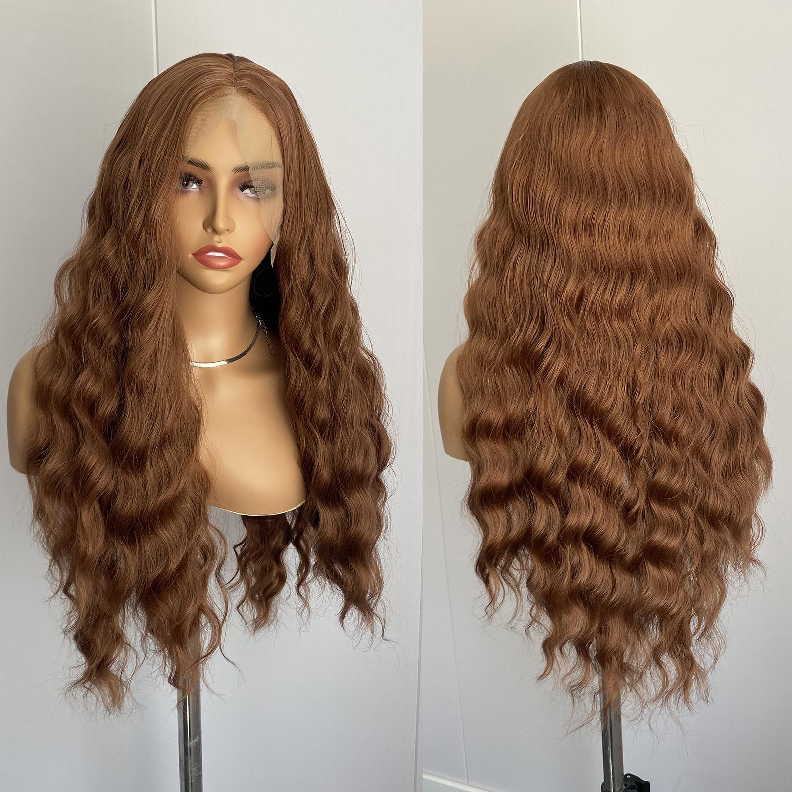 

AIMEYA Brown Deep Wave Wig 13x4 Lace Front Synthetic Wigs for Women Natural Hairline Daily Wear Cosplay Wigs Glueless Long Hair (Brown,18inches)