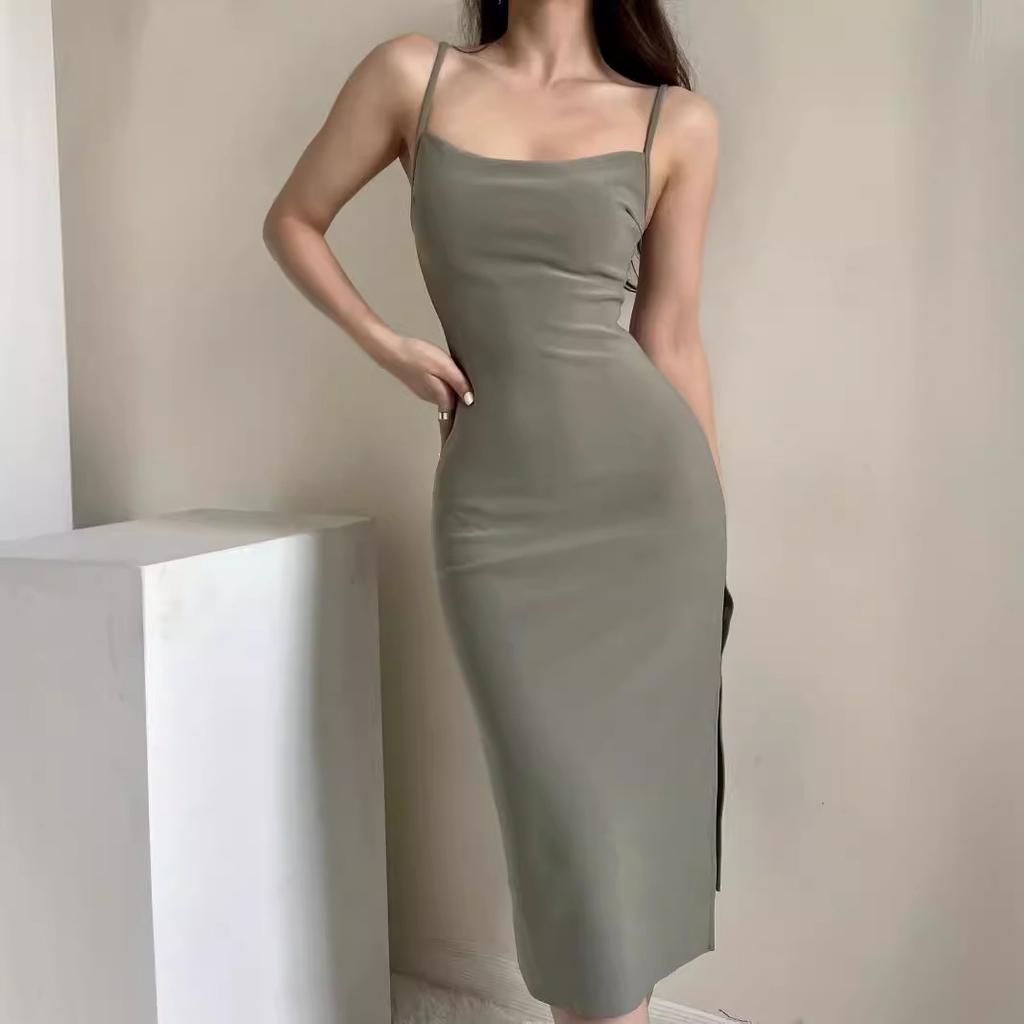Kendou French sexy one-word collar high waist slim side split suspender medium and long dress hip skirt women