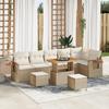 9-piece Garden Sofa Set with Beige Cushions Poly Rattan Acacia, 3-piece Garden Dining Set 3365146