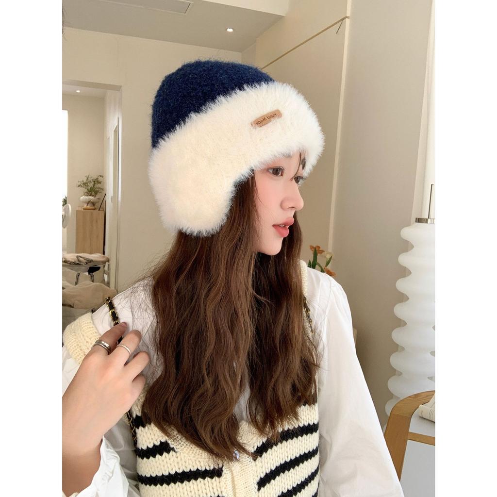 Hat Women's Big Head Circumference Knitted Wool Hat Winter Warm Thickened Plush Hat Versatile Contrasting Color Ear Protector Cold Hat