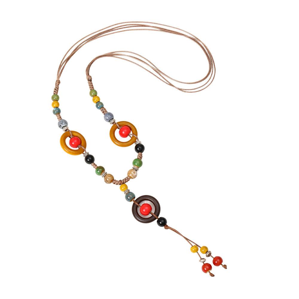 Bohemian Retro Ceramic Braided Rope Necklace Female Long Tassel Sweater Chain Same Collarbone