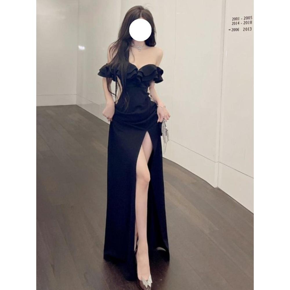 

Celebrity style dignified atmosphere sexy shoulder evening banquet dress slim dress casual spring and summer new XL- (recommended 110-60kg) чёрный